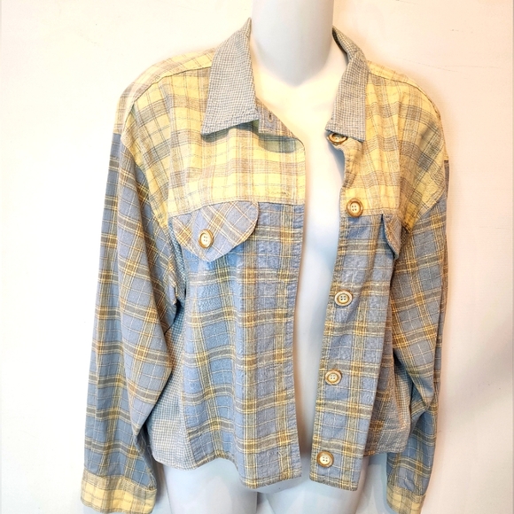 Vintage 90s Linen Cotton Plaid Croppef Jacket Soft Grunge Button Up Jacket - Picture 1 of 8